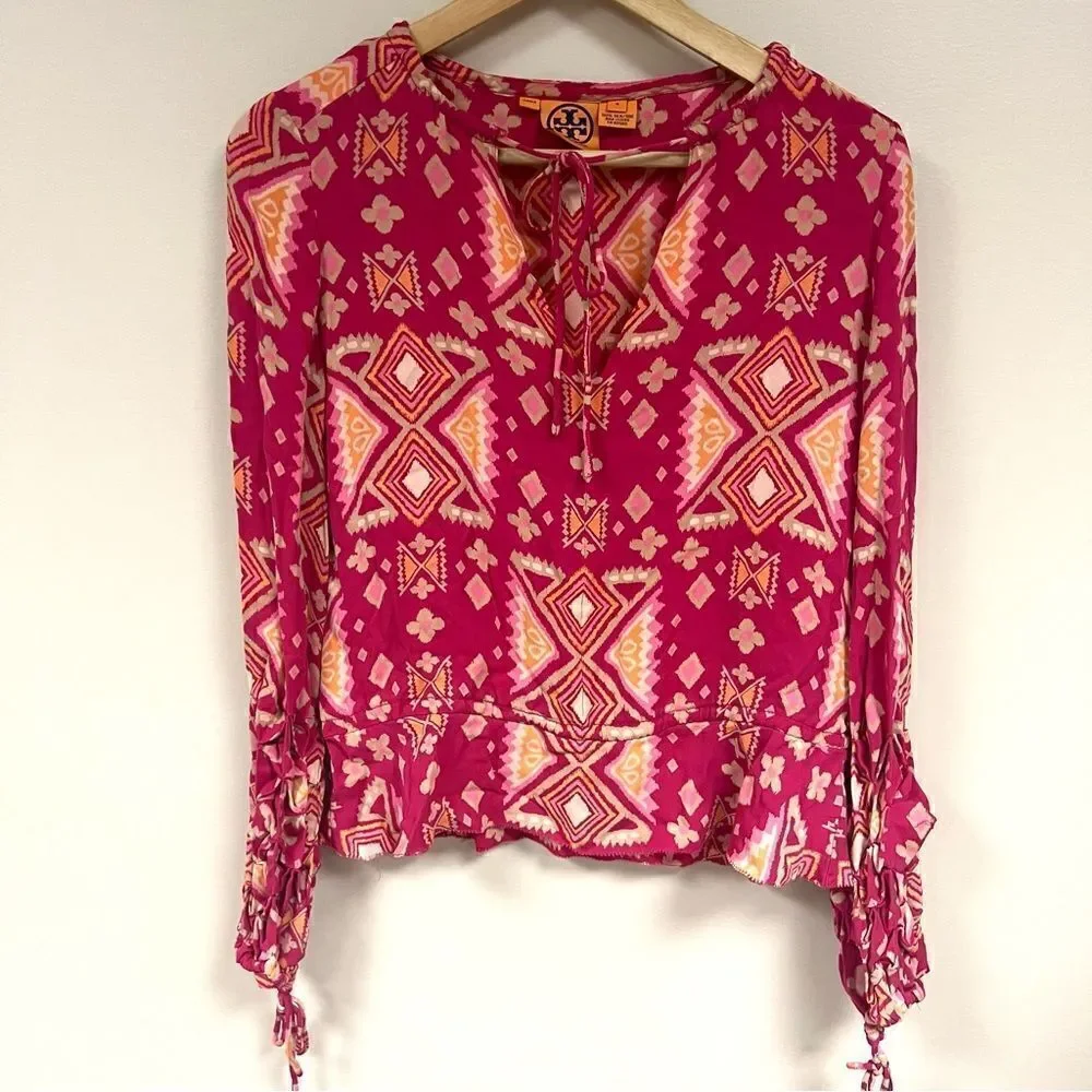 Tory Burch pink printed silk top with cinched sleeves 4